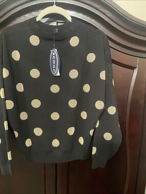 Scoop Black Crewneck Sweater with Gold Polka Dots